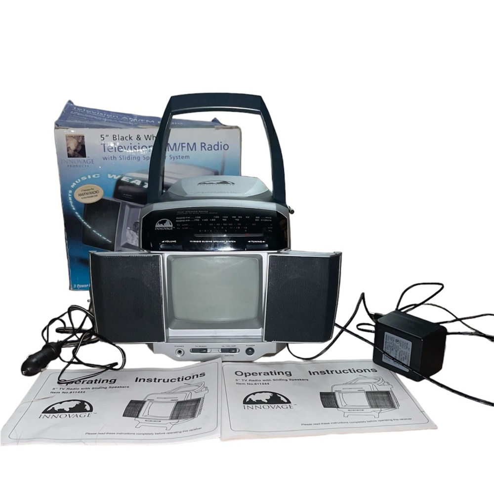 Innovage 5” black and white television AM/FM radio with sliding speaker system
